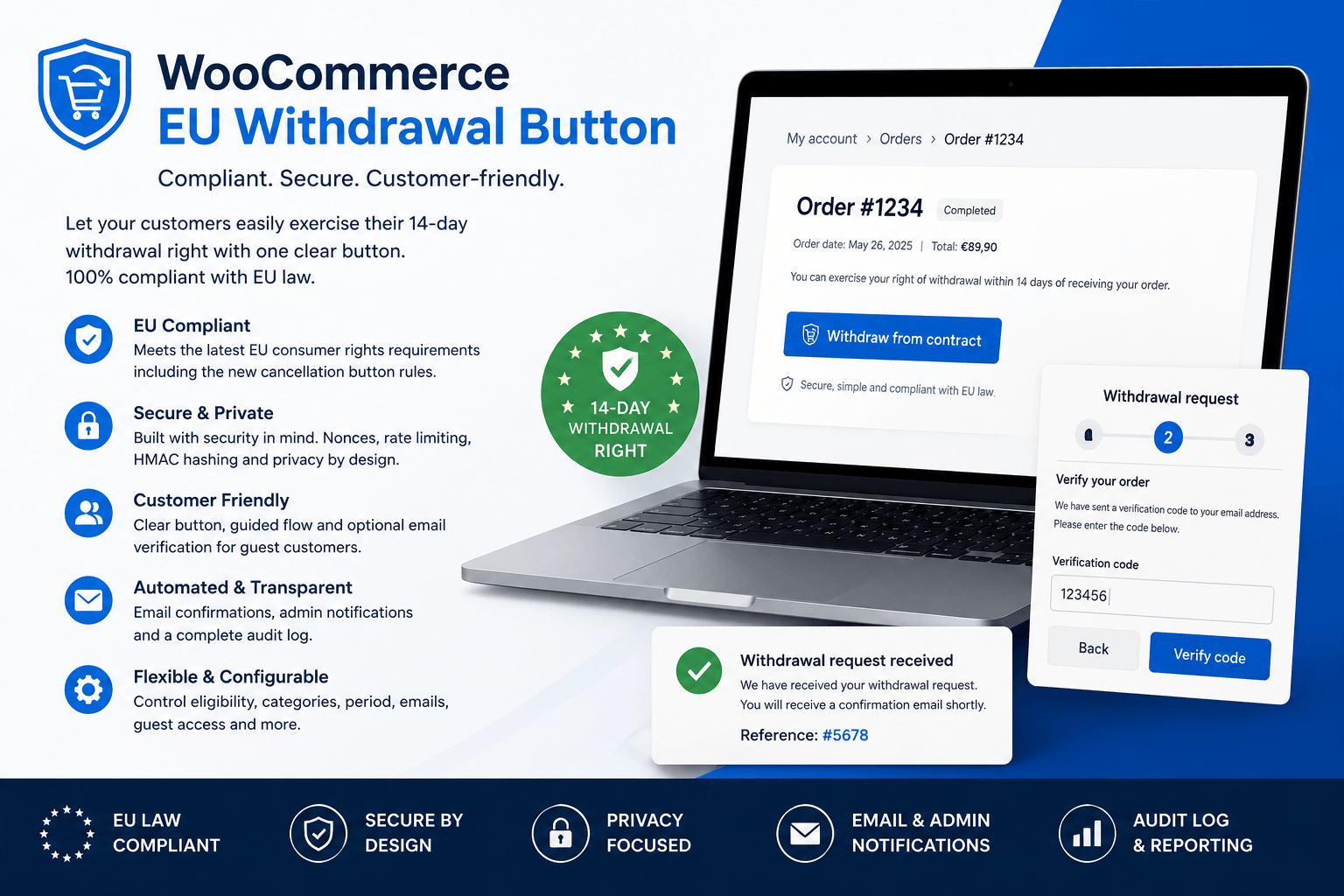 Herroepingsknop WooCommerce plugin — EU compliant withdrawal button with guest verification and admin audit log